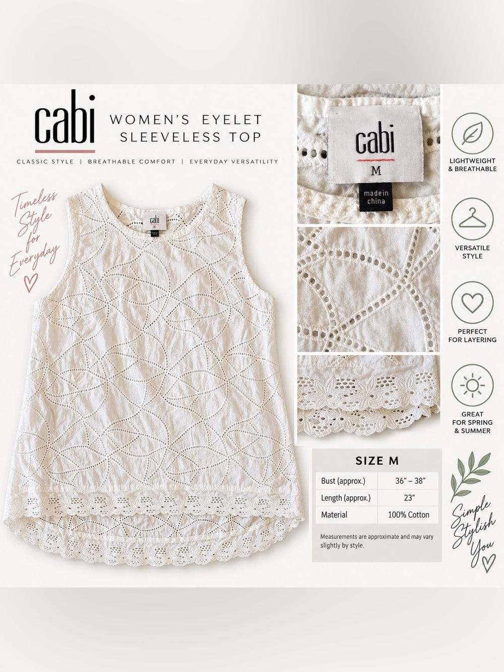 CAbi Cream Eyelet Sleeveless Cami